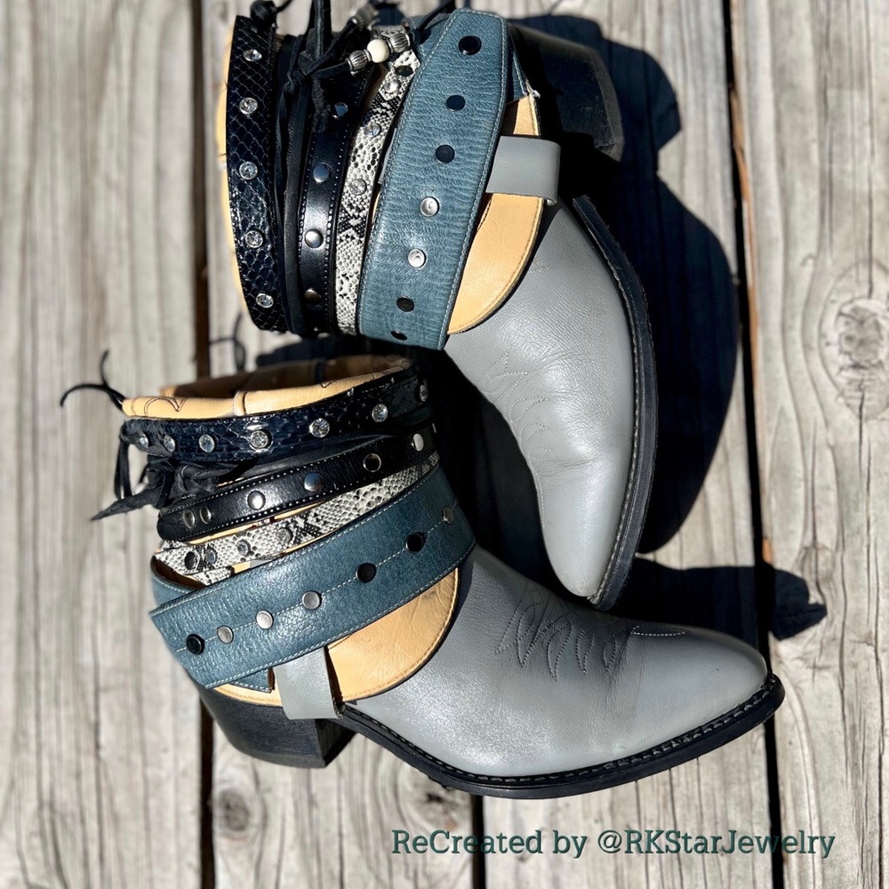 Sz 8.5 wide Vintage Gray Blue Ankle Cowgirl Boots UPCycled Cowgirl boots